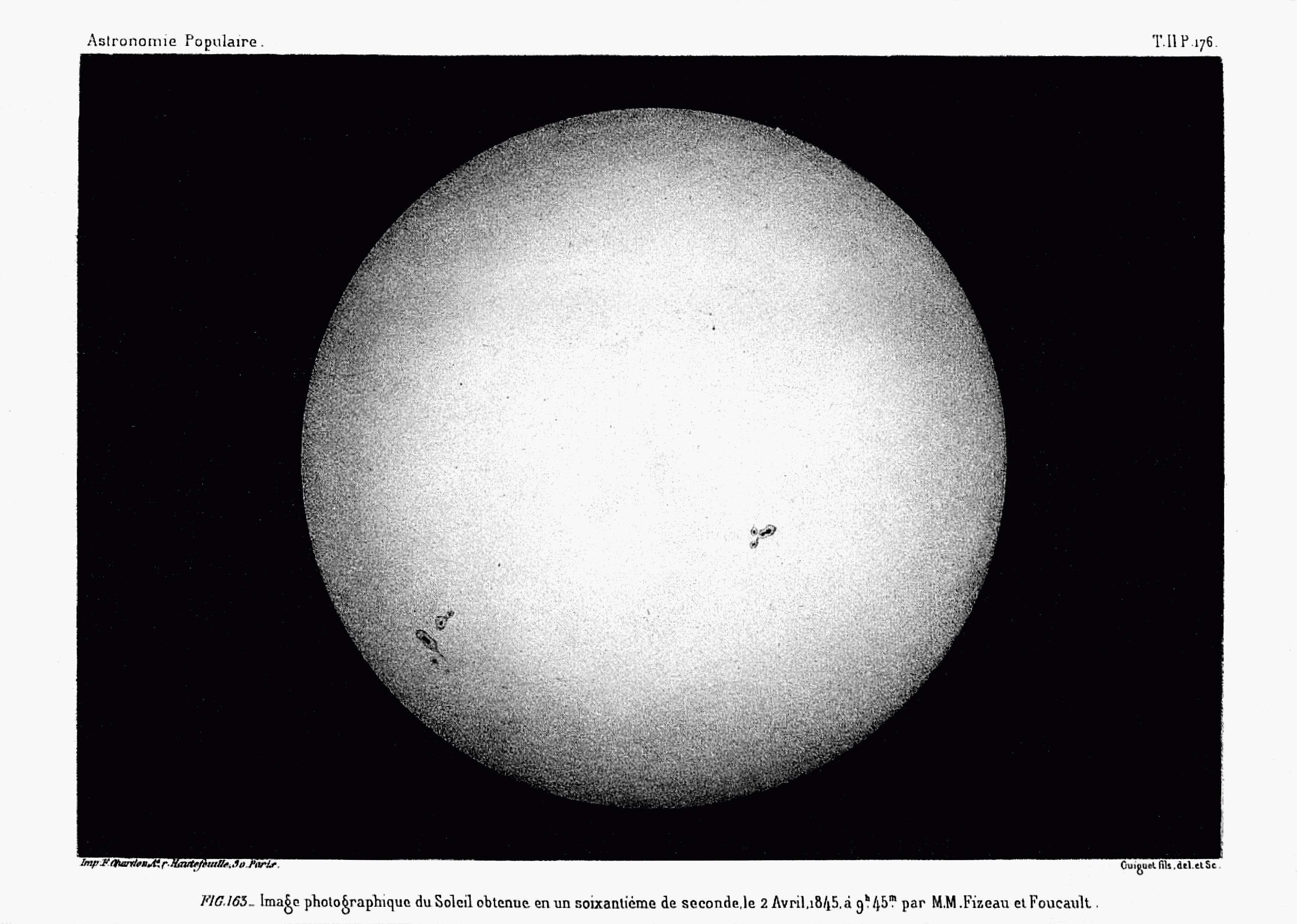 Rycina z „Astronomie populaire” Arago: obraz Słońca z dagerotypu Fizeau i Foucaulta