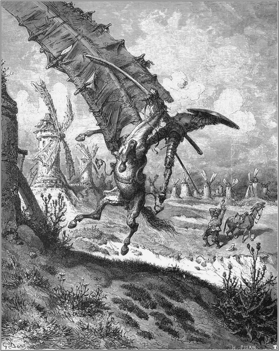 Skrzydło wiatraka podrywa w górę Don Kichota razem z koniem, a w tle Sancho Pansa łapie się za głowę; rycina Gustave'a Doré