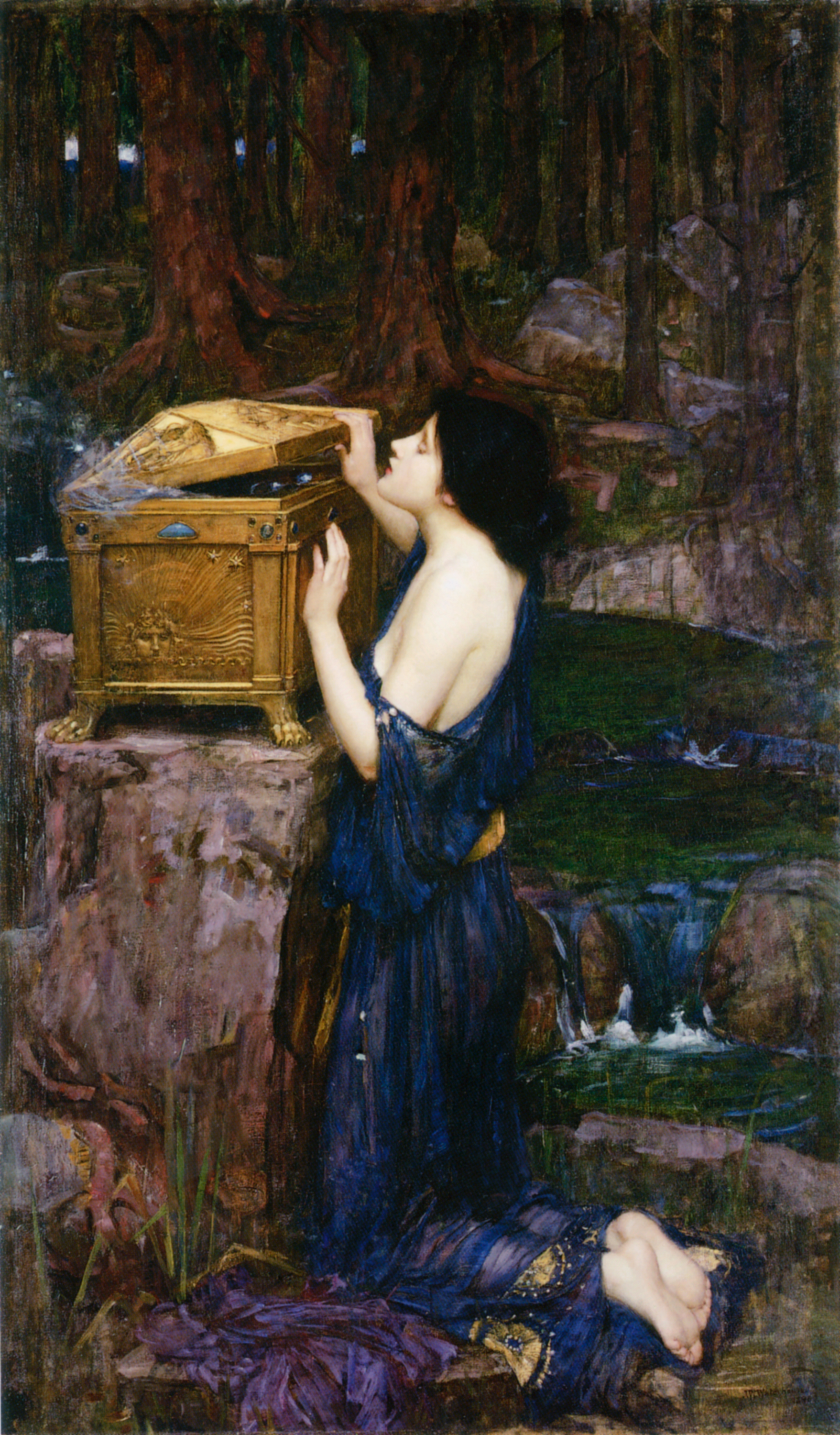 Pandora na obrazie Johna Williama Waterhouse'a z 1896 r. uchyla wieko złotej szkatuły, a nie Hezjodowego dzbana