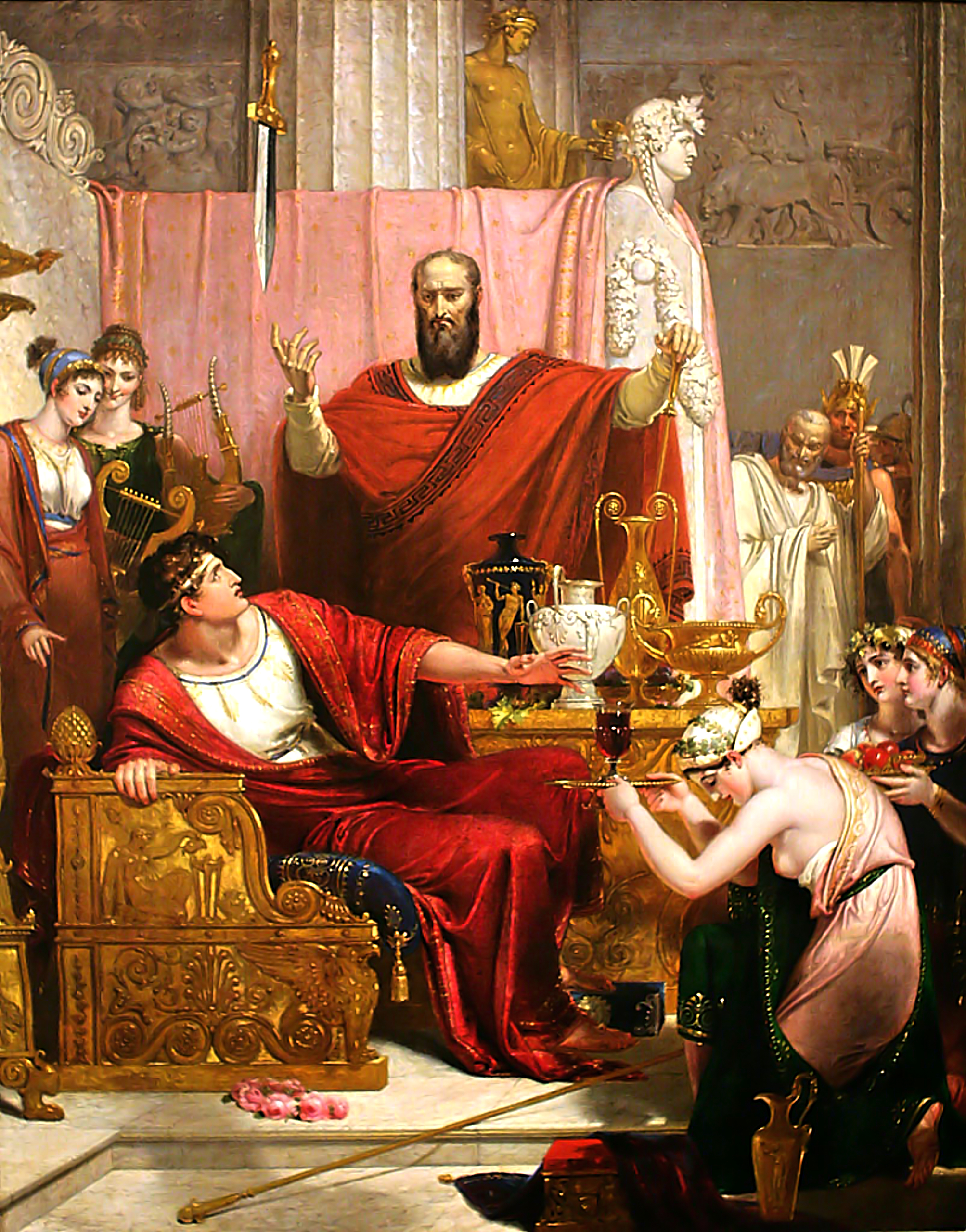 Damokles na złotym tronie spogląda w górę na miecz zawieszony nad jego głową; obraz Richarda Westalla z 1812 r.
