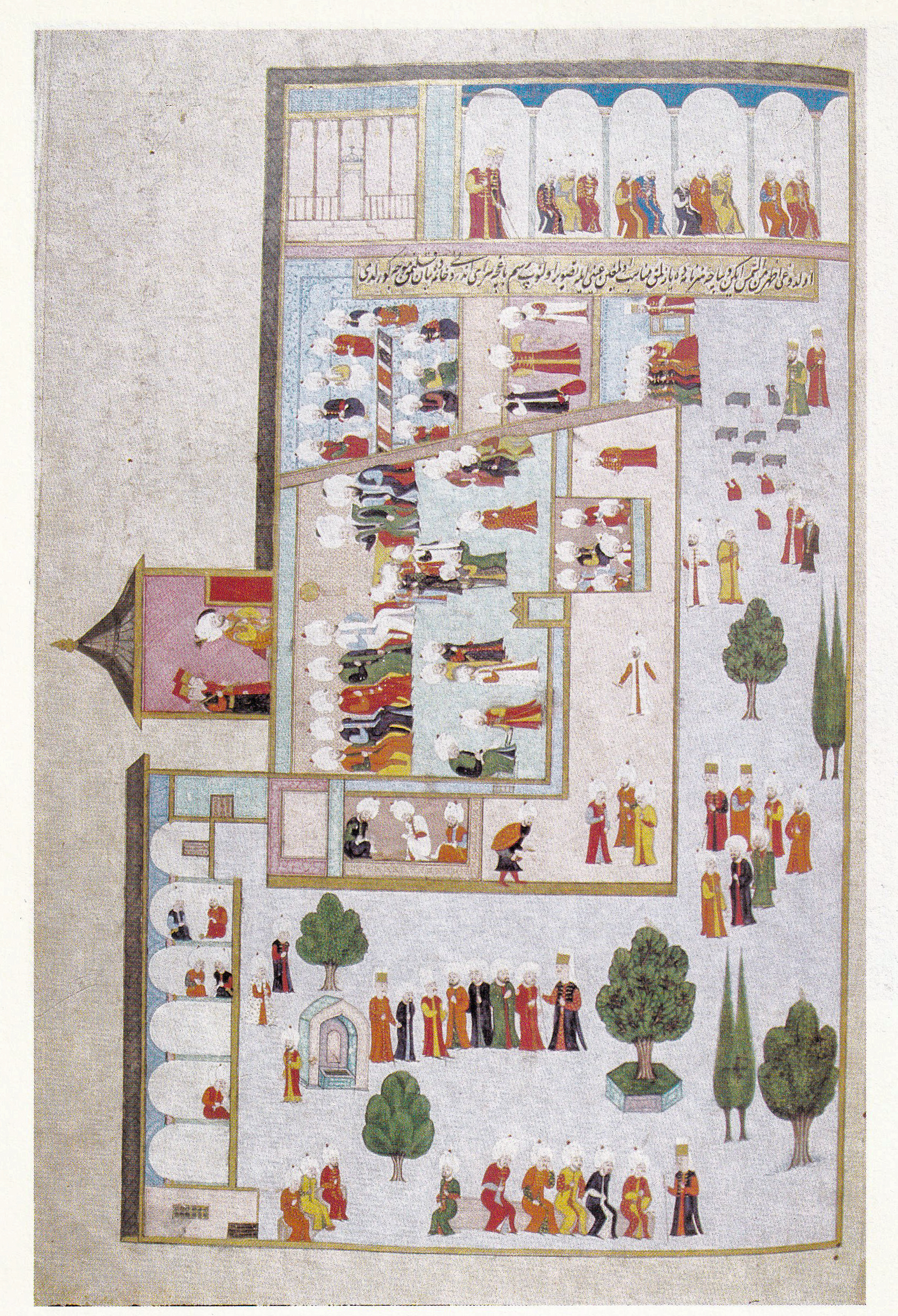 „Budynek Dywanu”, miniatura z lat 80. XVI w. ze zbiorów pałacu Topkapı (tytuł według Wikimedia Commons): dziedziniec i sale, w których dostojnicy siedzą rzędami